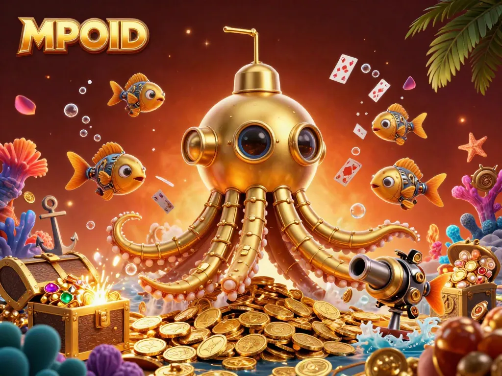 MPOID's captivating 3D illustration showcases a golden kraken submarine among treasure, embodying the excitement of online gaming