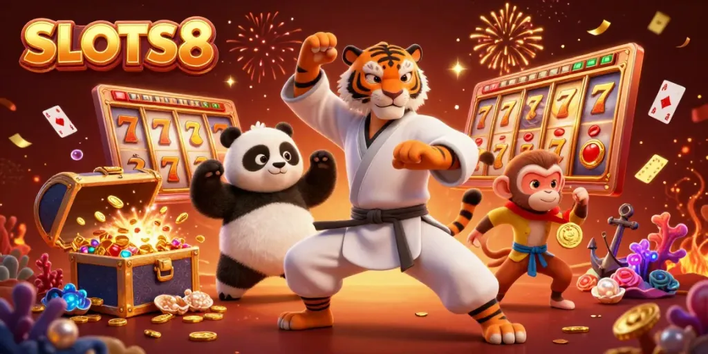 Spin to win with SLOTS8 in a vibrant scene showcasing lively casino elements.