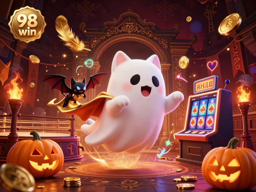 Play exciting games at 98 win casino with a magical ghost cat and vibrant slot machines.