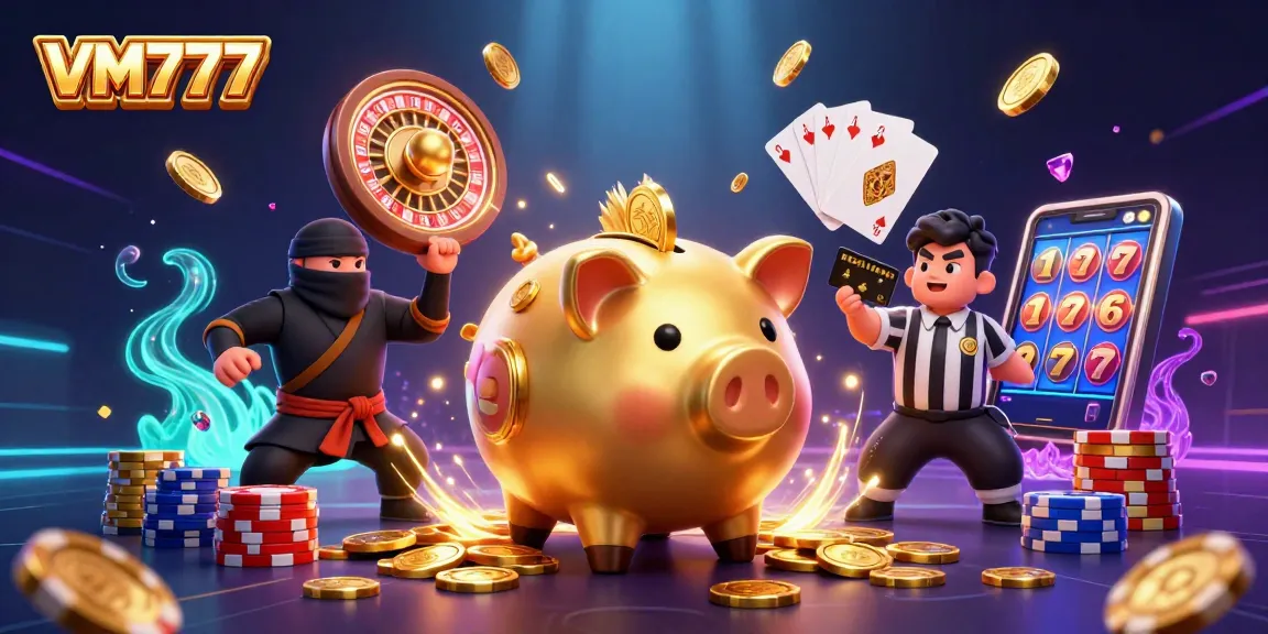 Experience the thrill of VM777 casino with vibrant 3D characters and lively gaming elements.