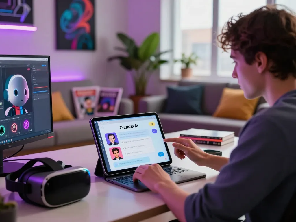 Engaging with CrushOn AI in a modern workspace setting showcasing advanced chatbot interactions and vibrant technology