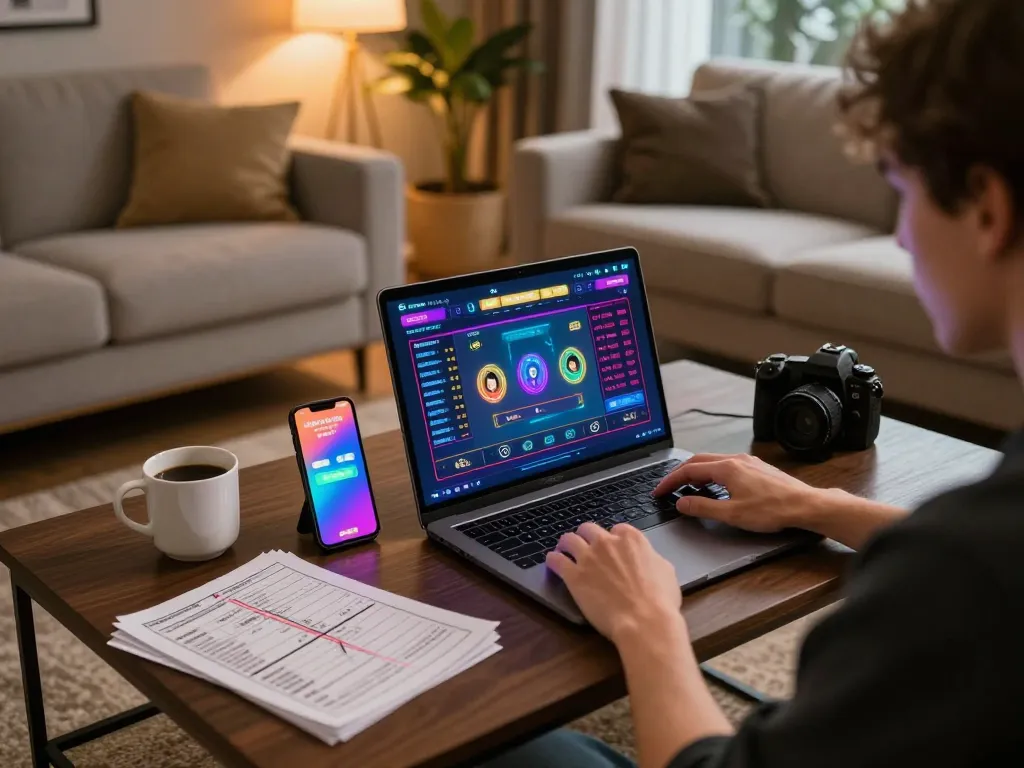 LGO99 player strategizing over online gaming interface with cozy home setup