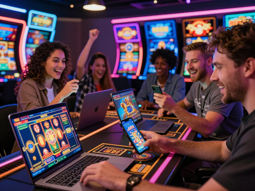 Exciting US online casinos players engaging with mobile and computer games in vibrant virtual environment.