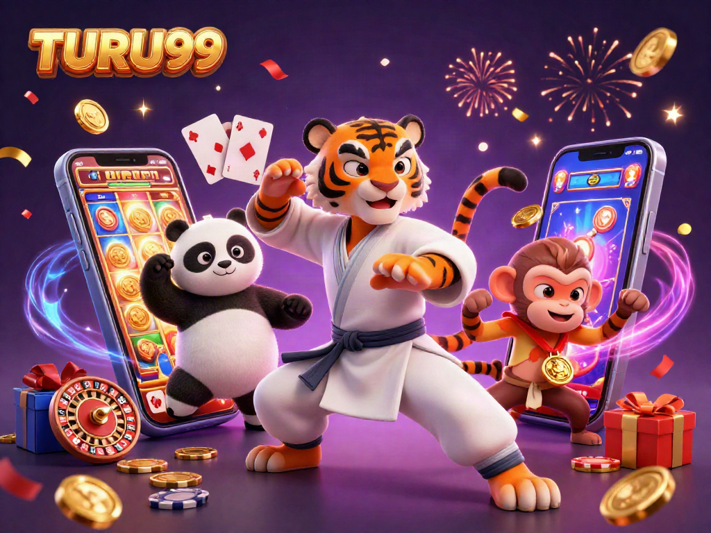 TURU99 Menangkan slot dengan tumpukan koin emas dari ponsel dan karakter kartun ceria.