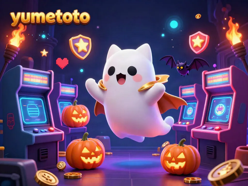 Experience the thrill of yumetoto with a ghost cat and bat in a vibrant casino scene.