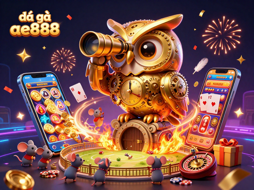 Engaging illustration of đá gà ae888 featuring a vibrant casino scene with whimsical characters.