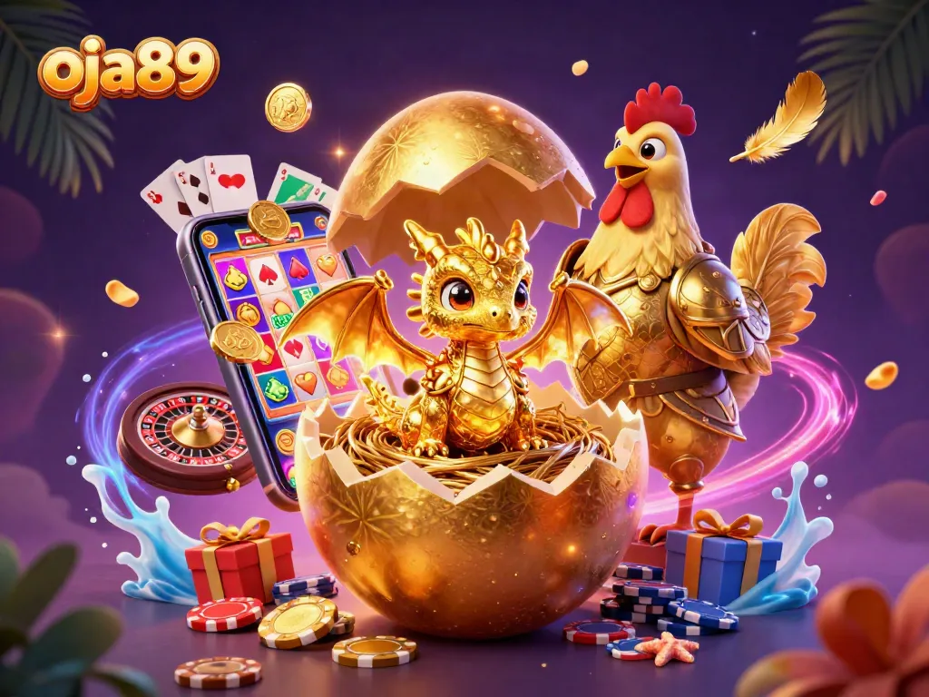 Menangkan permainan dengan oja89, ilustrasi kasino 3D yang menampilkan naga emas dan chip poker.