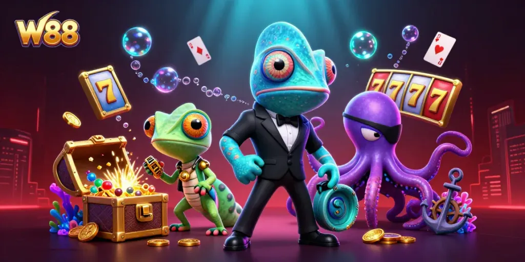 Win big with W88 at this vibrant online casino scene featuring of chameleon, gecko, and octopus.