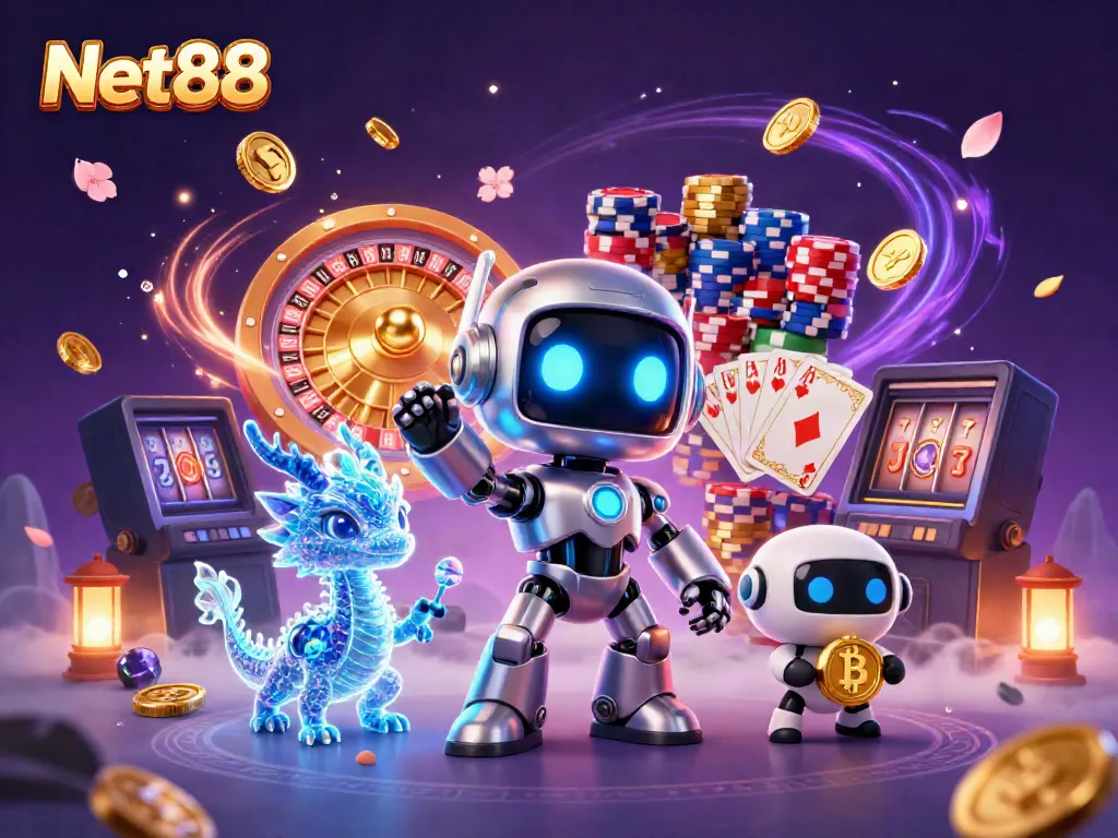 Experience thrilling gaming action at Net88 with a vibrant, dynamic 3D casino scene featuring beloved characters and gaming elements.