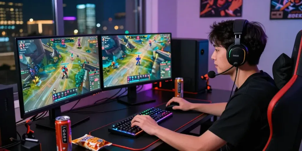 Pemain kediritoto yang terbenam dalam permainan dengan peralatan gaming canggih dan suasana malam yang energik.