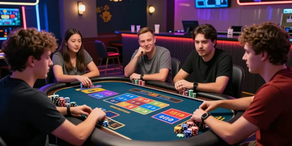 Engaging scene of players enjoying Bandar Togel at a modern digital gaming table in a lively atmosphere.