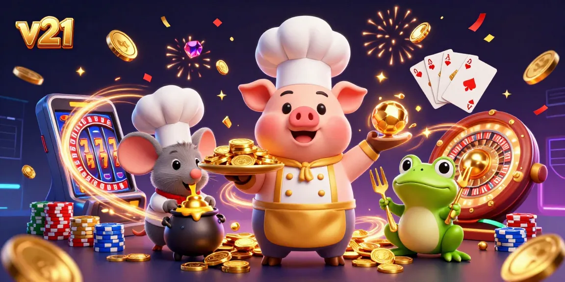 Mainkan slot di v21 dengan chef kartun dan karakter unik dalam ilustrasi 3D yang menarik.