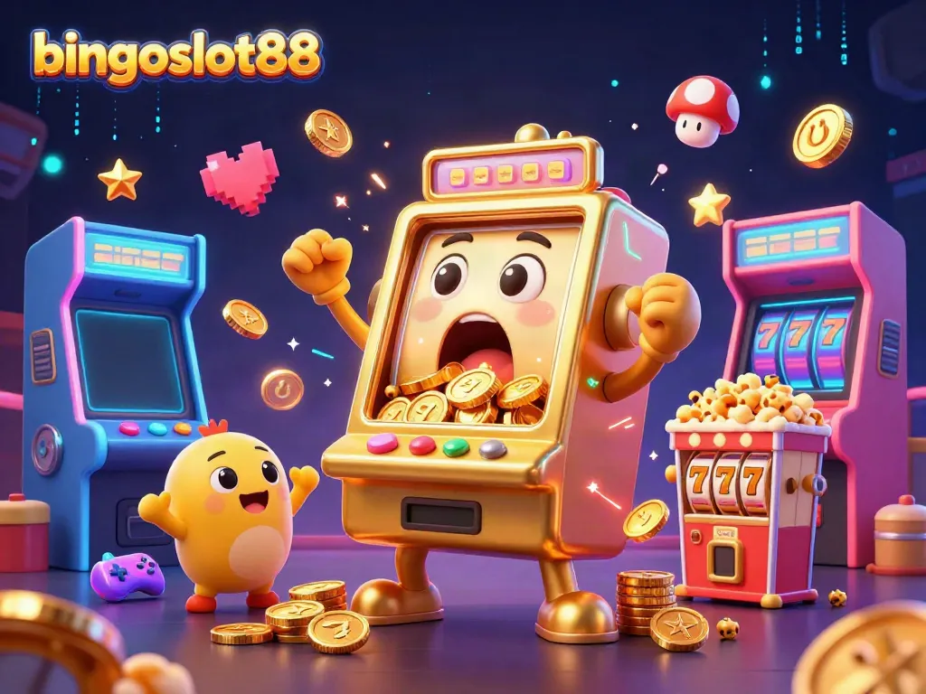 Bingoslot88 hadiah jackpot unik dengan mesin slot berwarna emas dan mesin kecil bersorak, pengalaman bermain slot yang mengasyikkan.