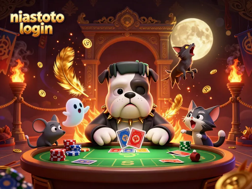 Ilustrasi memukau niastoto login dengan Kasino, Frankenstein bulldog, dan kucing werewolf.