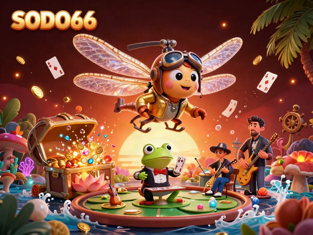 SODO66 showcases vibrant gambling excitement with colorful animated characters and casino elements in a dynamic scene.