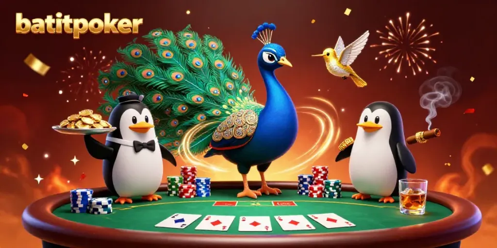 Permainan batikpoker yang menarik dengan karakter burung merak, penguin, dan kolibri dalam suasana kasino.