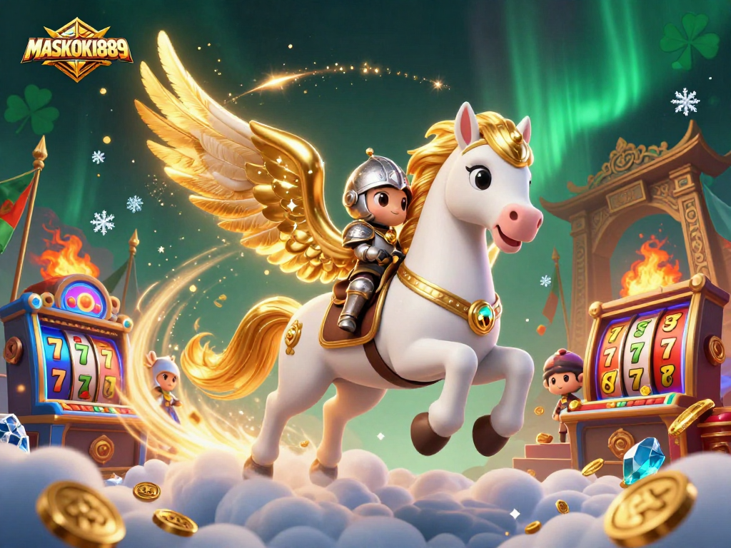 Experience the excitement of gaming at MASKOKI889 with a vibrant 3D casino scene.