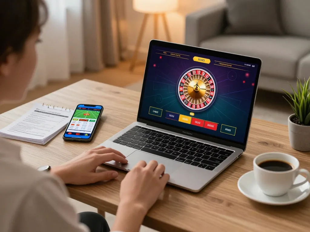 Player engaging with CM88 live dealer games on a laptop, showcasing at-home online casino excitement.
