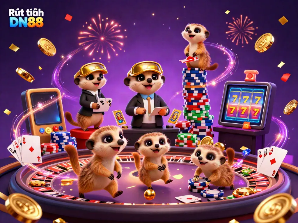 Experience Rút tiền DN88 with lively meerkats in a dynamic casino scene, showcasing colorful chips and coins.