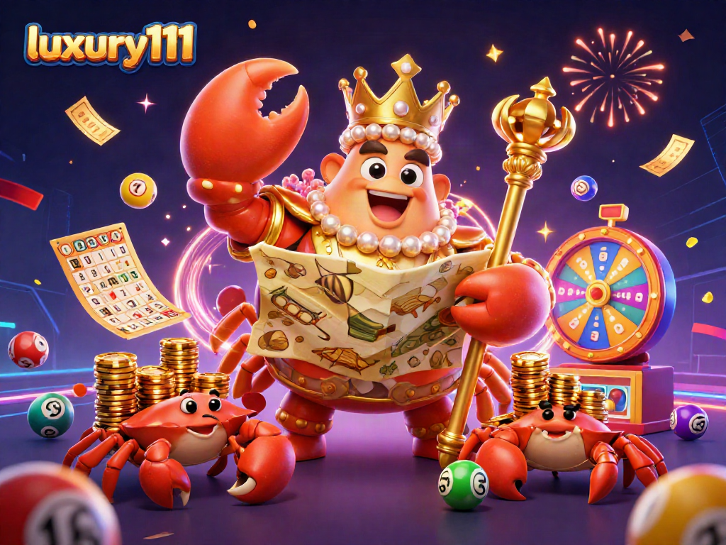 Luxury111 showcases a vibrant lottery scene featuring a crab emperor amidst colorful lottery elements and celebrations.