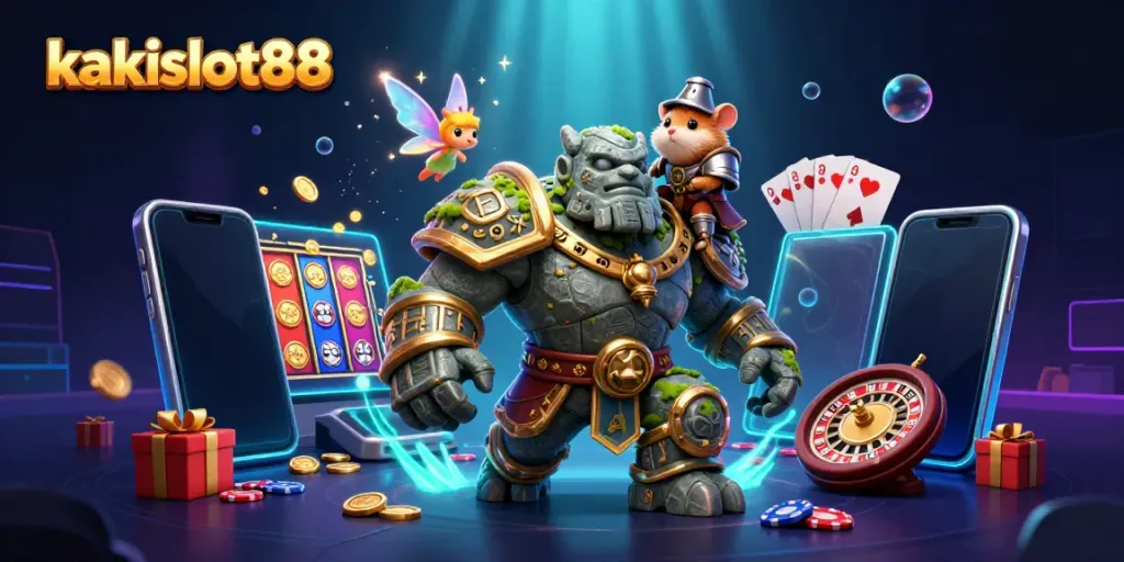 Kakislot88 menampilkan ilustrasi 3D golem kuno dan raja hamster dalam permainan slot yang menarik.