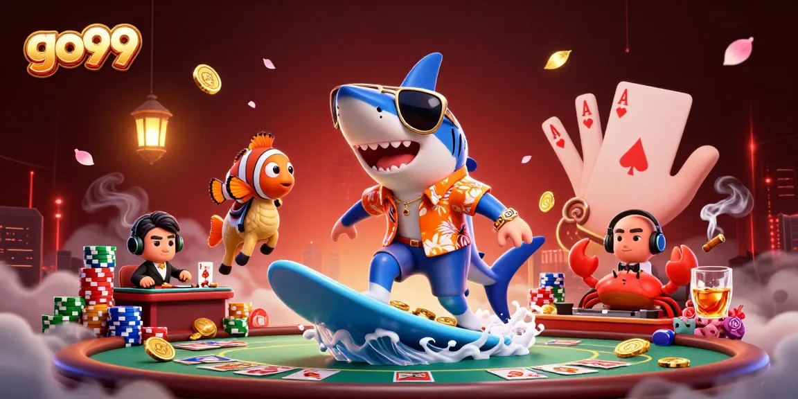 Engage with go99's unique gaming adventure, showcasing fun characters in a vibrant casino setting.