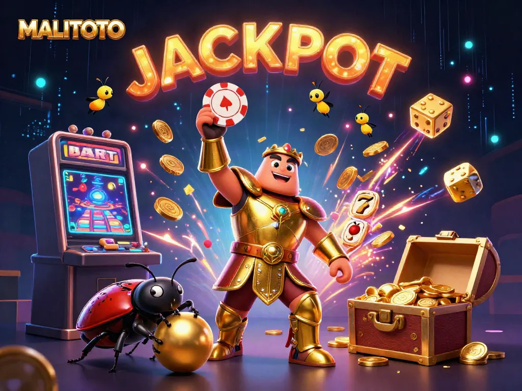 Experience the thrilling MALITOTO gaming journey with beetle characters celebrating a jackpot amidst vibrant casino elements.