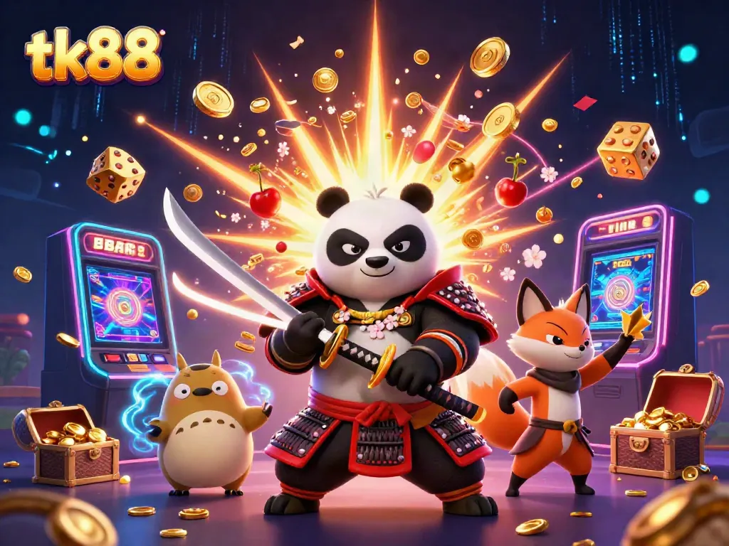 Experience thrilling gameplay with tk88 in this vibrant casino illustration featuring dynamic characters and symbols.
