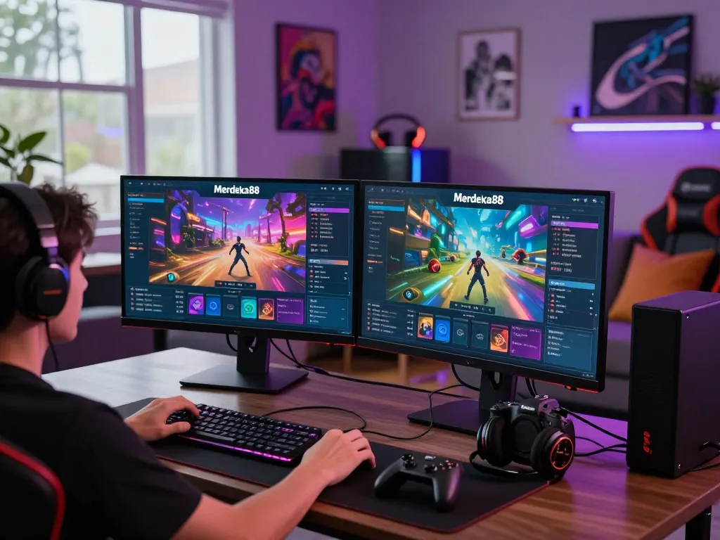 Merdeka88 gaming platform interface shown on dual monitors in a stylish gaming room, enhancing user experience.