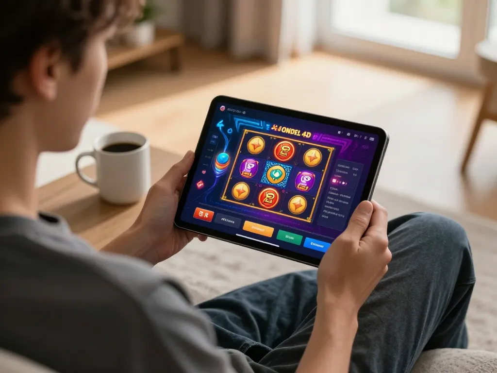 Berinteraksi dengan aplikasi permainan slot ONDEL4D di tablet di lingkungan rumah yang nyaman