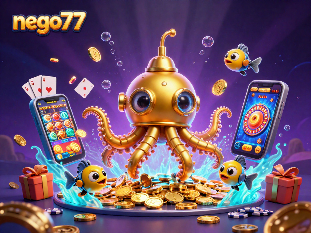 Nego77 offers a vibrant gaming experience featuring golden kraken and slot game action with colorful bonuses.