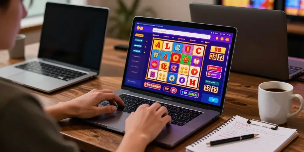 Pengguna ratutogel terlibat dalam permainan togel dan slot gacor di laptop, dikelilingi catatan strategi dan suasana kantor yang nyaman.