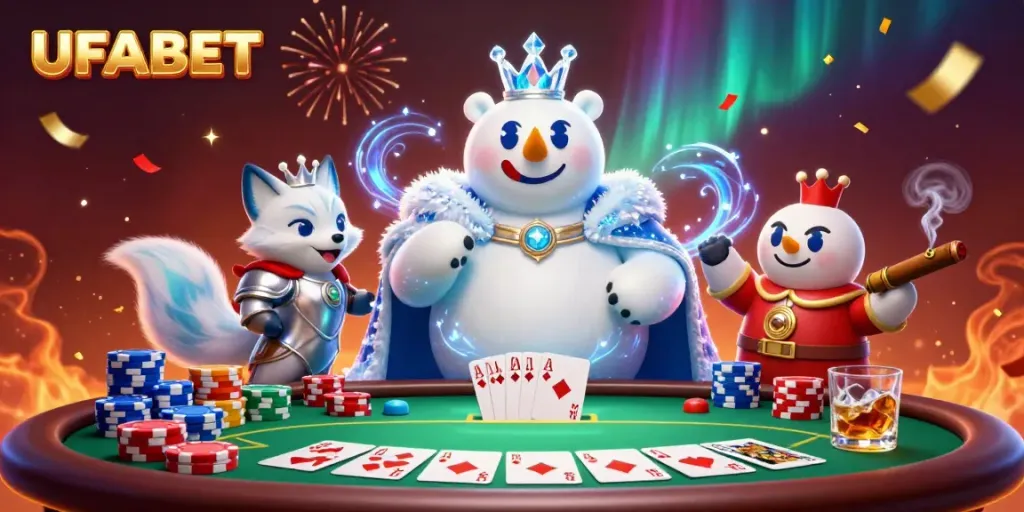 Experience the excitement of UFABET with a vibrant poker scene featuring an ice king and fox, celebrating at the card table.