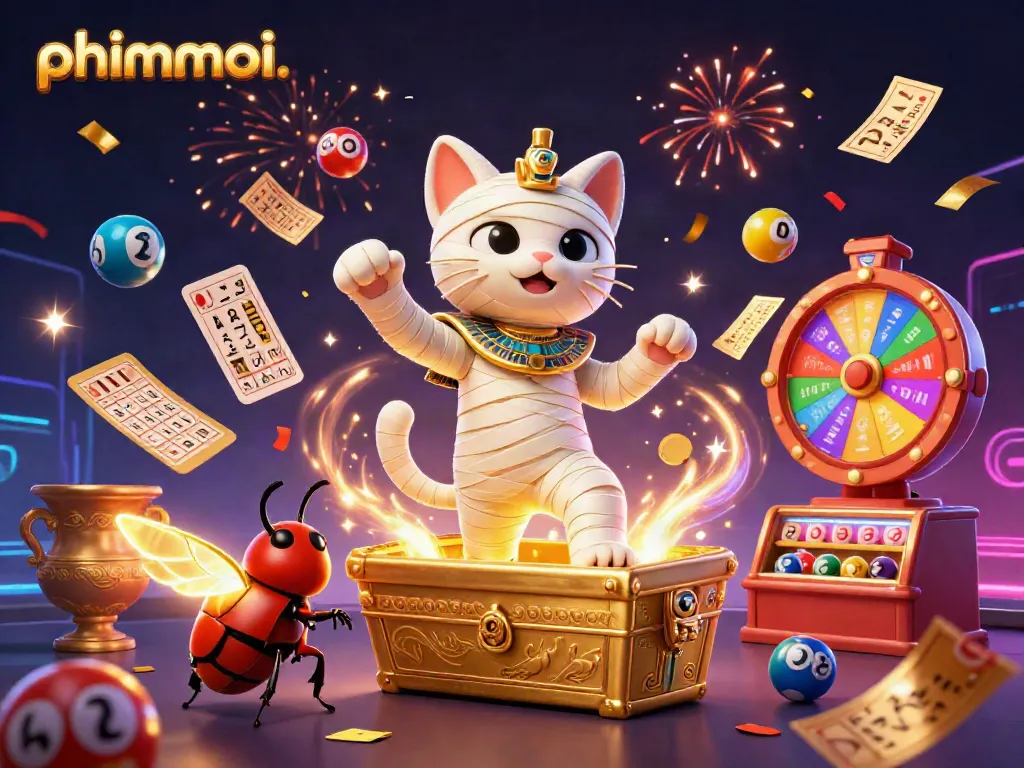 Engage with phimmoi's lively 3D casino scene featuring a mummy cat, a scarab, and dynamic gaming elements.