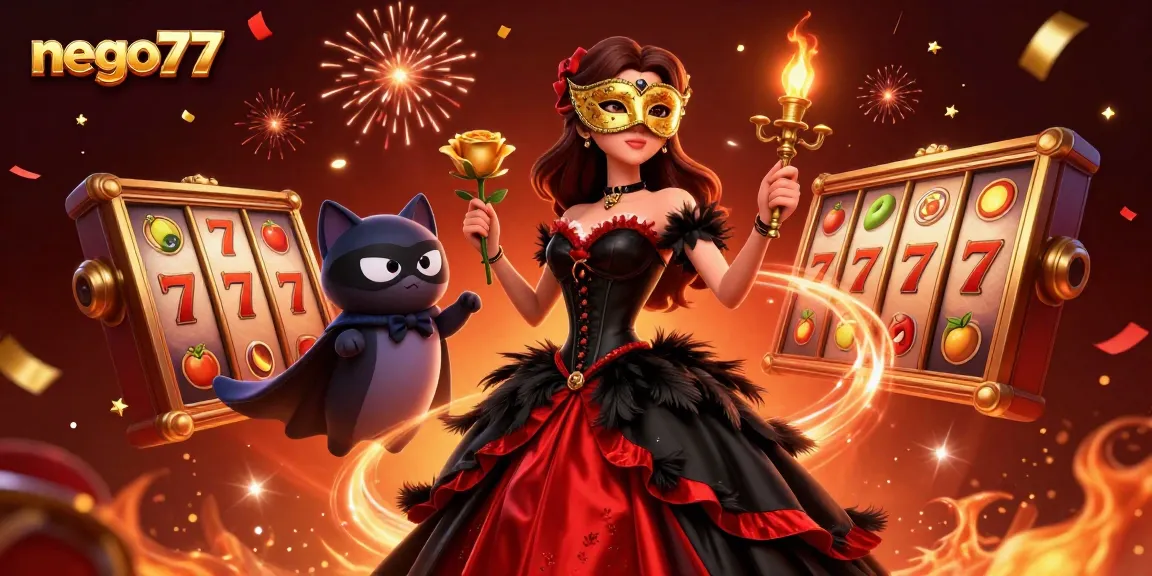 Nego77 offers stunning visuals of thrilling slot games, showcasing vibrant 3D characters and dynamic casino elements.