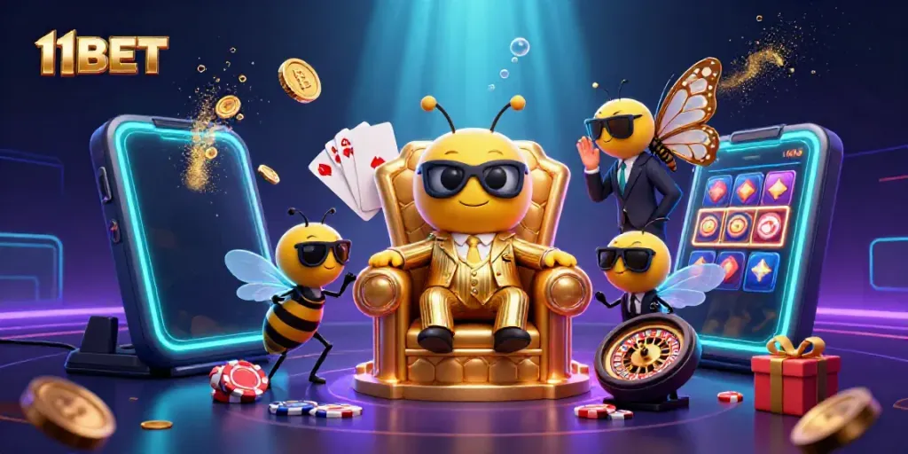Experience 11BET's excitement in a vibrant illustration featuring dynamic casino elements and charming characters.