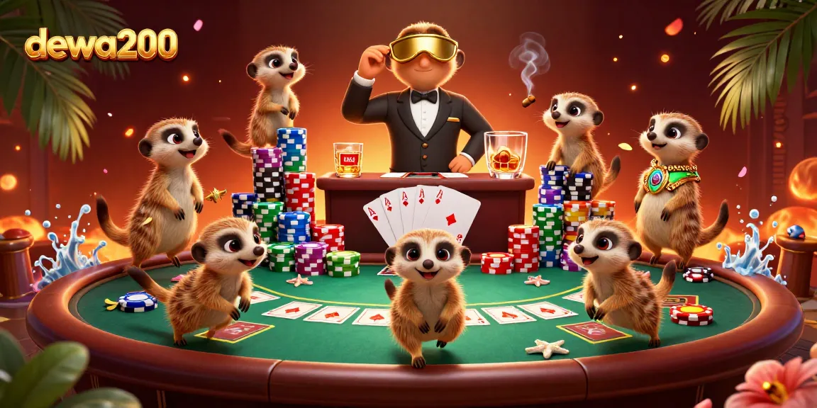 Meerkats dalam kasino dewa200 yang dinamis, menyajikan poker dan suasana meriah.