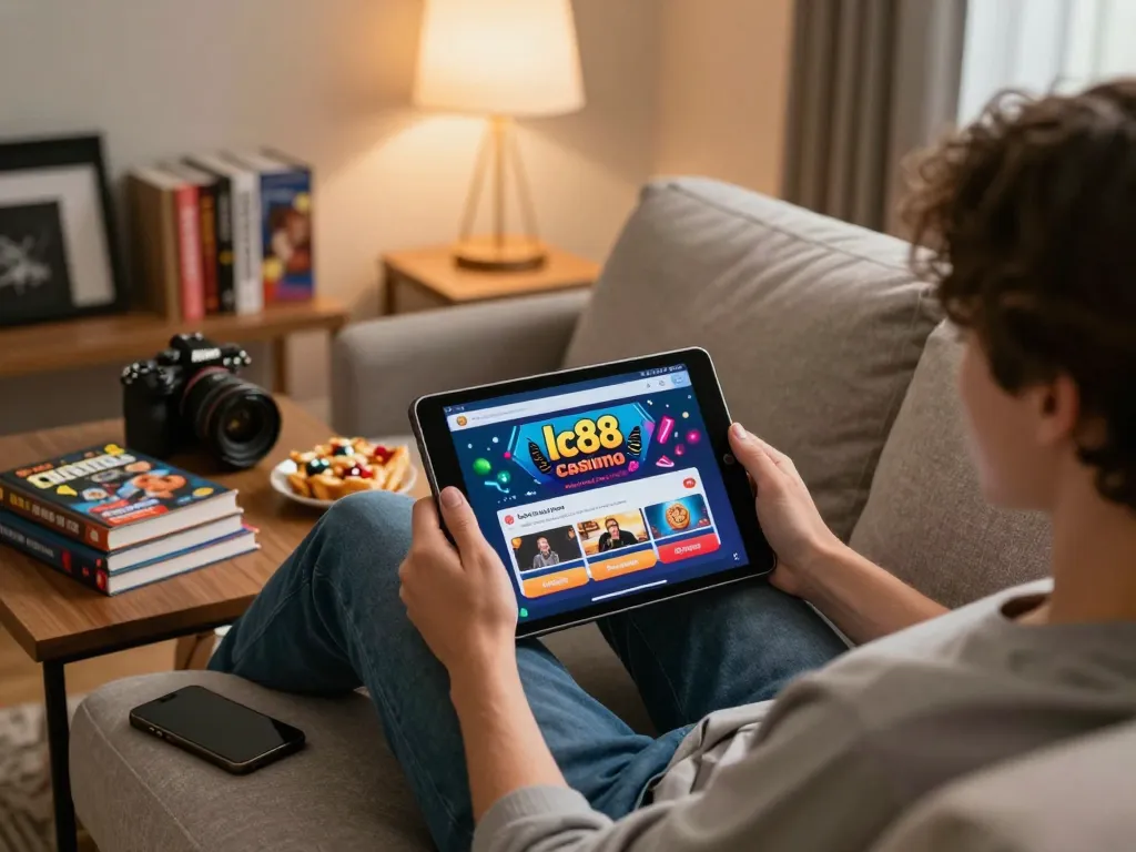 A player engages with the lc88 casino app on their tablet in a cozy home setting, showcasing a strategic online gaming experience