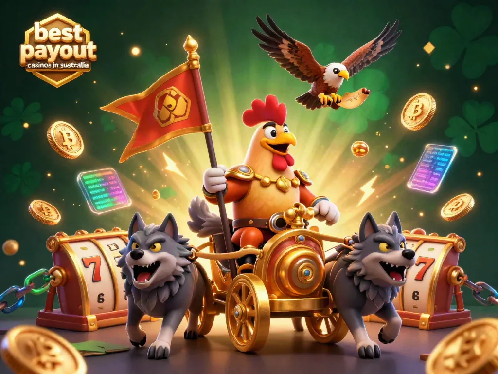 3D illustration showcasing the best payout casinos in australia with a rooster warlord and high RTP elements.