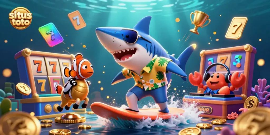 Engage with situs toto in a vibrant underwater casino scene filled with character and excitement.