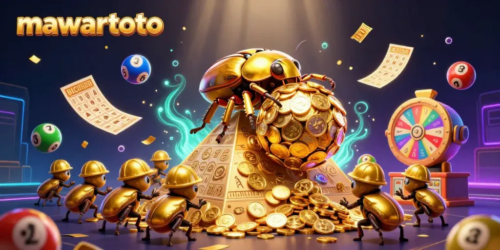 Mawartoto showcases a golden dung beetle rolling a coin ball amidst vibrant lottery elements in a lush 3D scene.