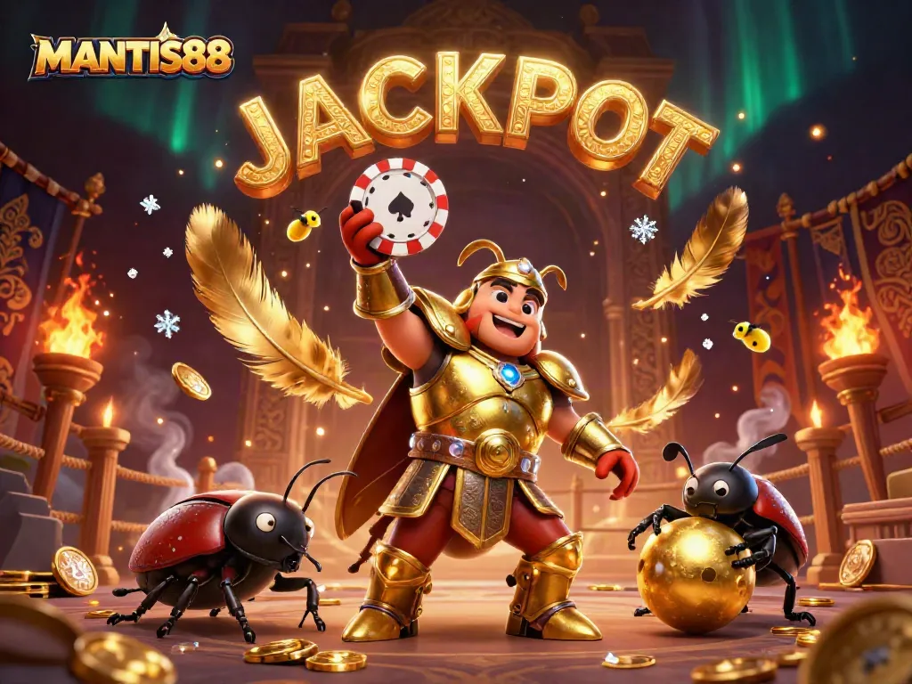 MANTIS88 platform celebrates winning moments with a cartoon gladiator beetle lifting a poker chip surrounded by vivid game elements.