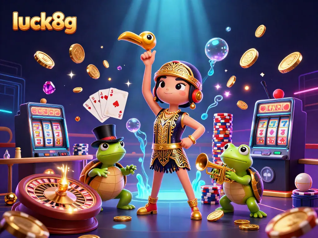 Experience the thrill of luck8g with vibrant 3D casino characters in a jazz-themed gaming scene.