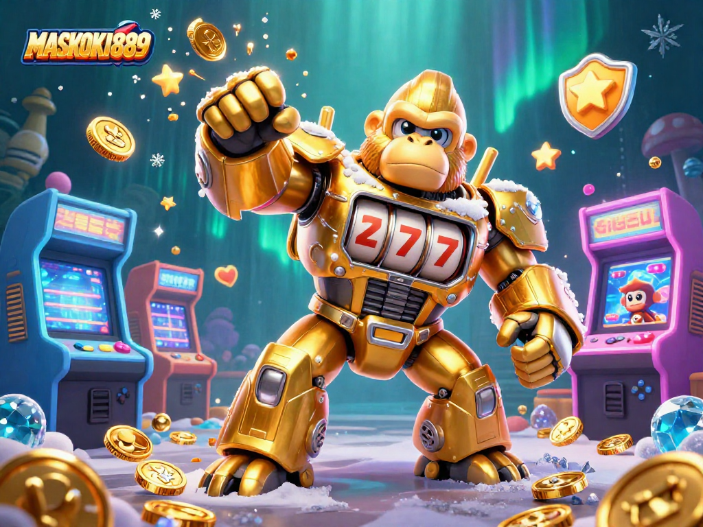 Engage with MASKOKI889, a dynamic online game world featuring a golden gorilla mech and vibrant casino elements.