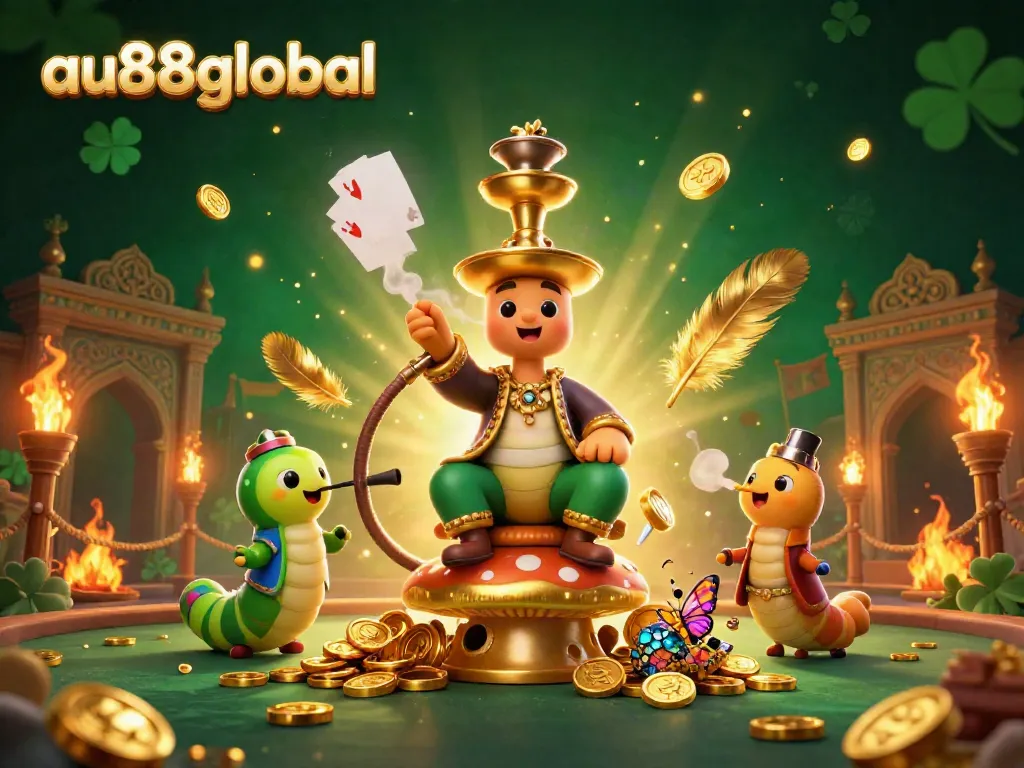 Win at AU88global with an enchanting casino scene featuring a hookah-master and golden treasures.