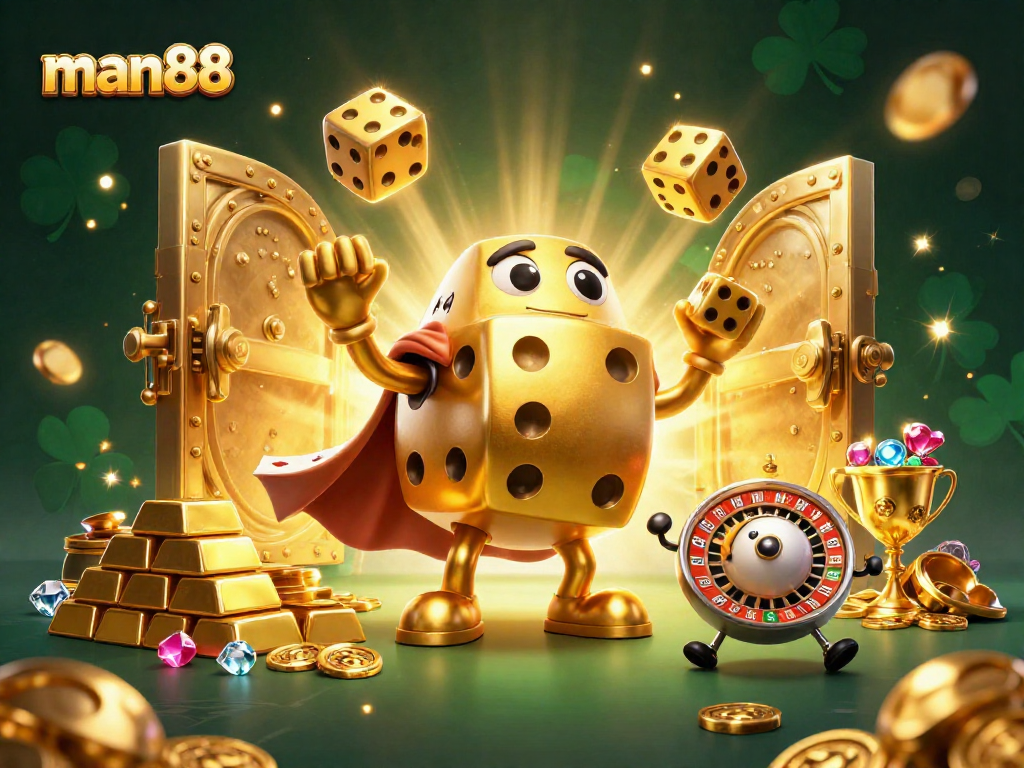 Experience thrilling wins with man88 in this vibrant casino scene featuring golden dice and treasure.