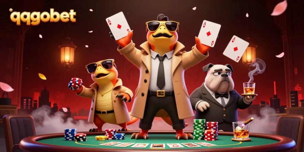 Gembira bermain judi dengan qqgobet di kasino sambil dikelilingi raptor lucu dan elemen poker.