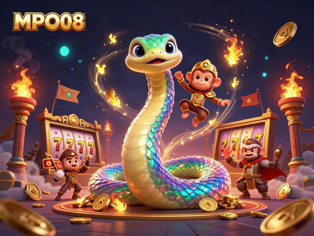 MPO08 showcases a vibrant 3D illustration of a rainbow serpent and monkey king in a dynamic casino setting, enhancing gambling excitement.