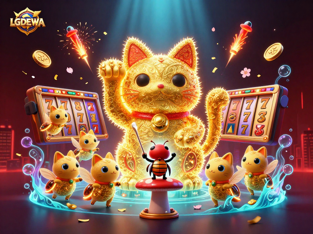 Play and win with LGODEWA's vibrant casino symbols and golden firefly lucky cat!