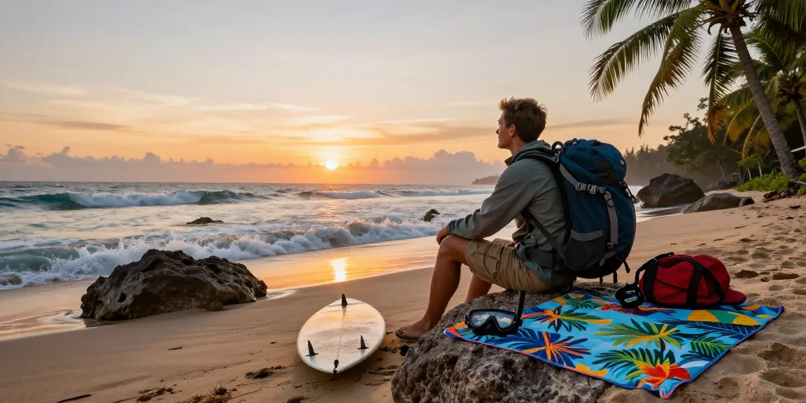 Seorang backpacker menikmati keindahan pantai saat matahari terbenam dengan alat selam dan papan selancar, UE99.